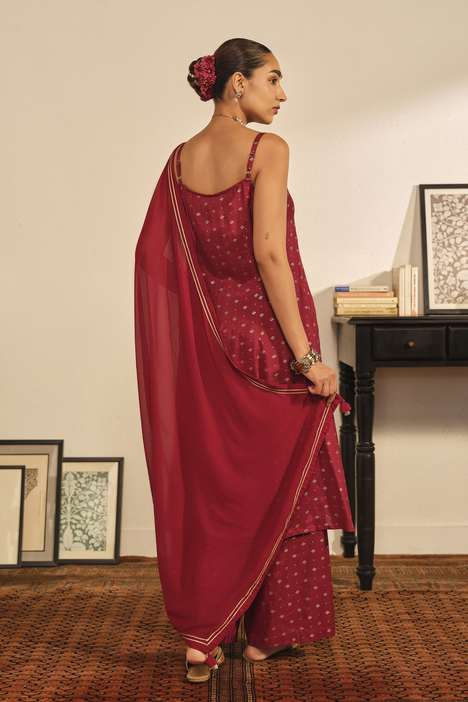 Printed Strappy Kurta Set in Red, Red, image 3